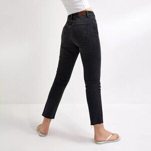 BDG Dillon high rise slim straight jeans black denim ankle raw hem button new 24